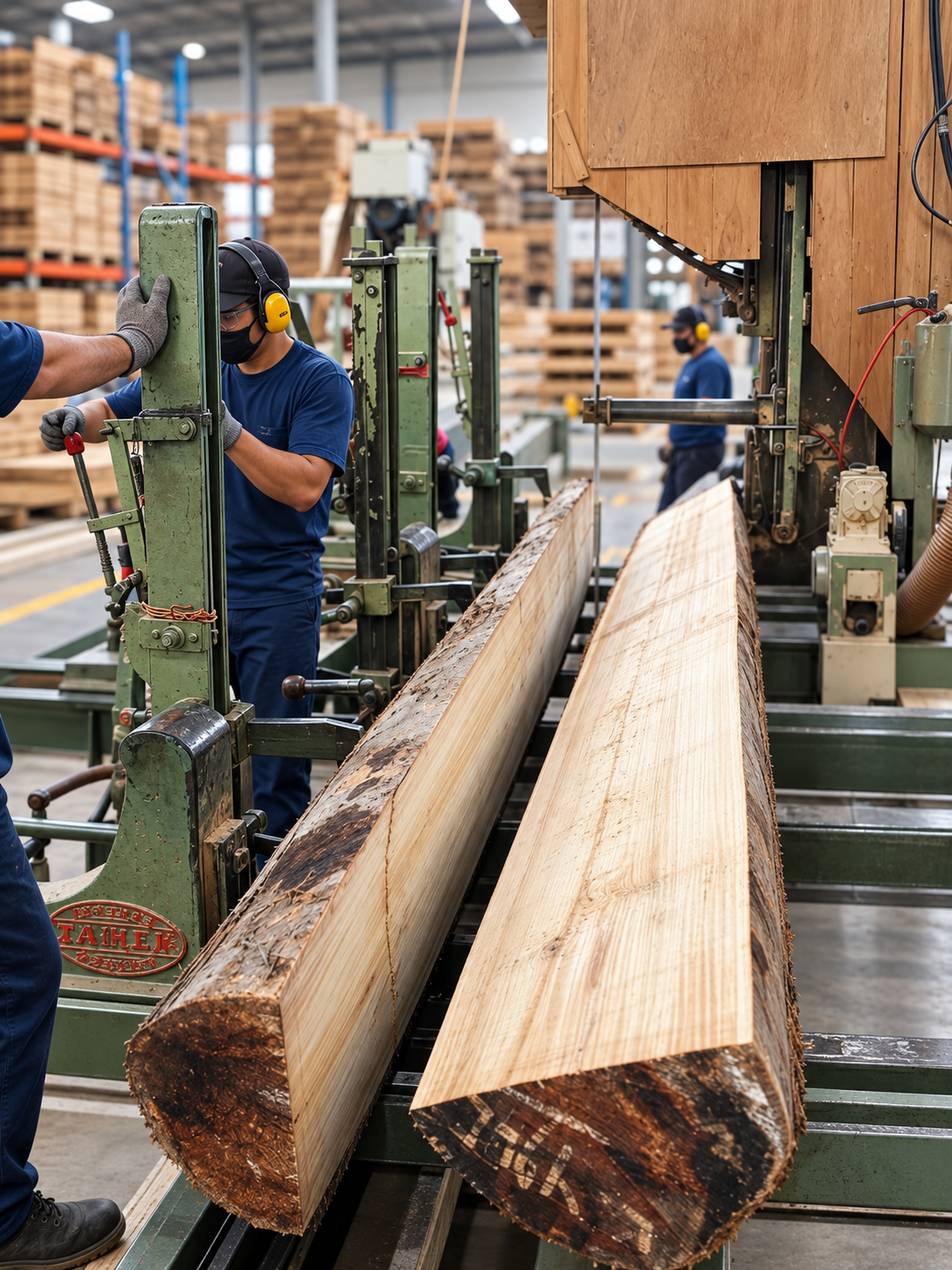 Teak log cut open during the quartercut teak decking production process