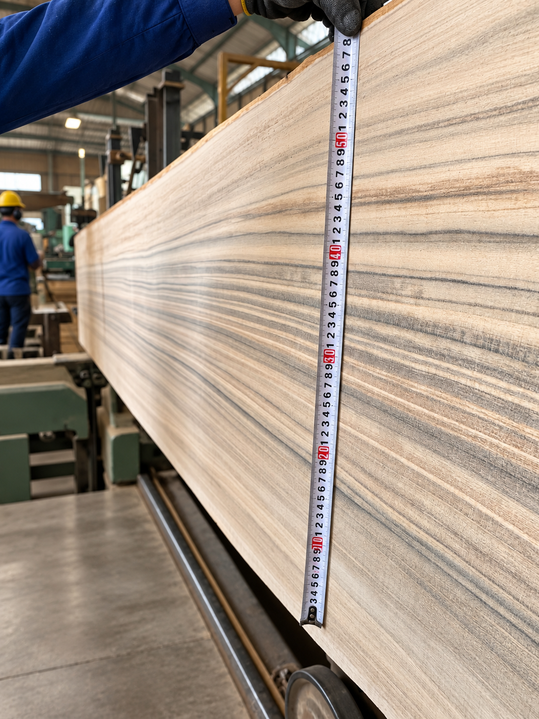 Teak log being measured during material selection and processing